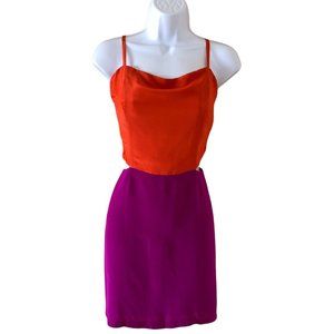 Line & Dot Color Block Dress Waist Cut Out Spaghetti Straps Orange Purple-Large